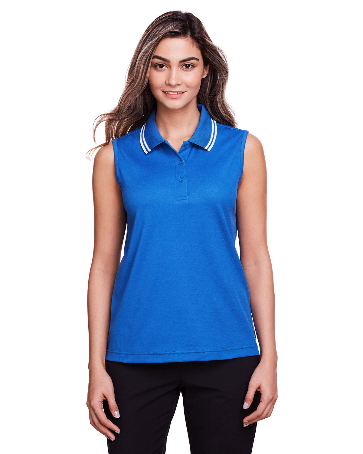 Devon & Jones Ladies' CrownLux Performance™ Plaited Tipped Sleeveless Polo