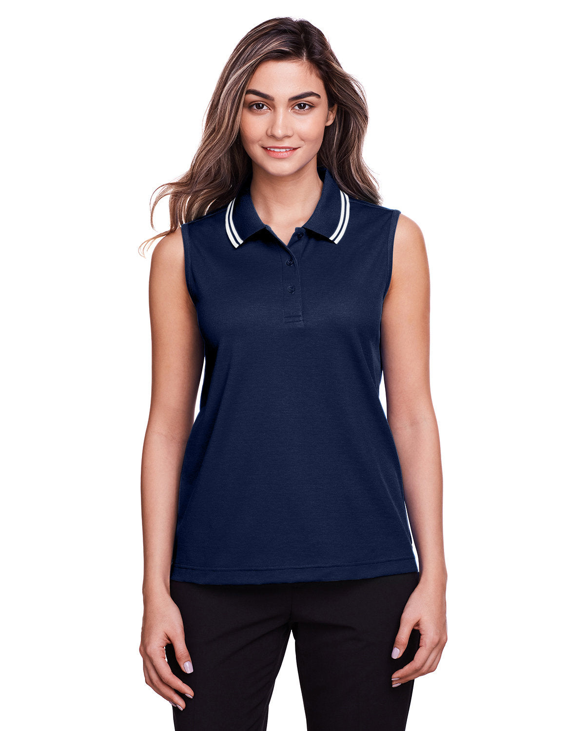 Devon & Jones Ladies' CrownLux Performance™ Plaited Tipped Sleeveless Polo